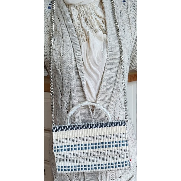 Teal Blue & Cream Stripe, Faux Rattan Square Mini Crossbody Purse - Picture 9 of 10